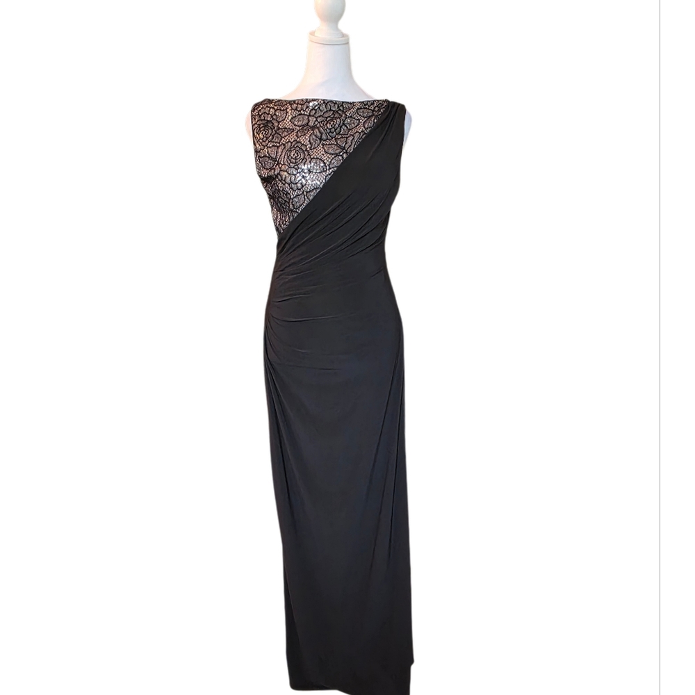 R&M Richards Black Long Formal Dress With Brocade Flowers And Sequins  SZ 8 NWT
